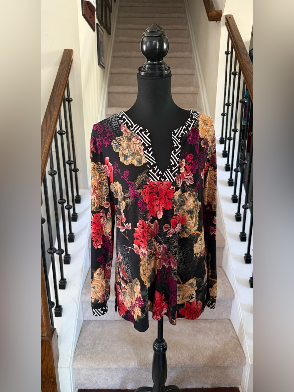 Peck & Peck Black Floral V-Neck Tunic with Red and Gold Blooms